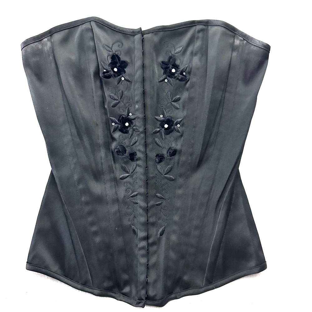 Charlotte Russe M Vintage Satin Corset Top Boned Floral Embroidery Lace Up